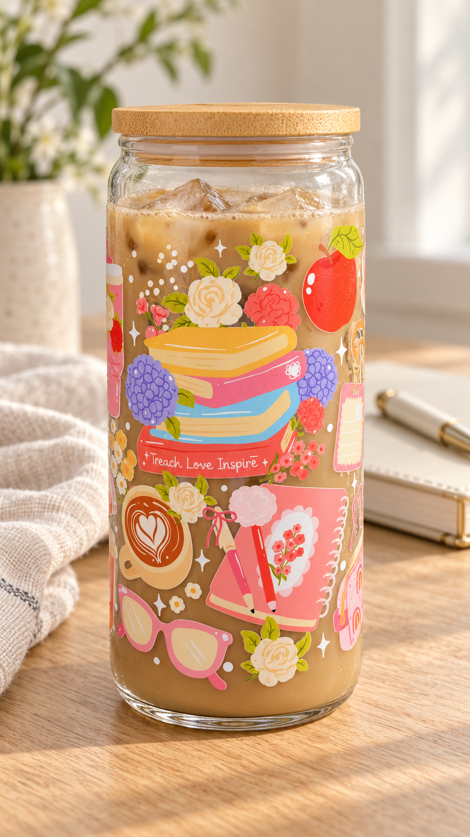 Teach Love Inspire Glass Can Cup, 16 oz Teacher Gift