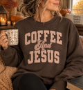 Brown Coffee and Jesus crewneck sweatshirt with distressed varsity lettering