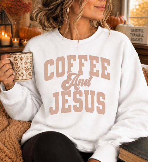 Brown Coffee and Jesus crewneck sweatshirt with distressed varsity lettering