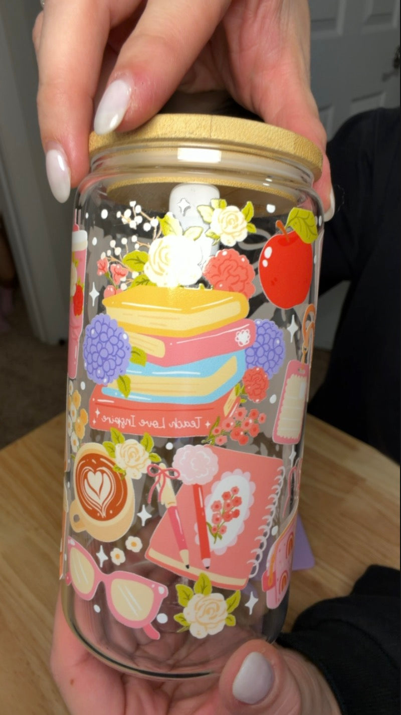 Teach Love Inspire Glass Can Cup, 16 oz Teacher Gift