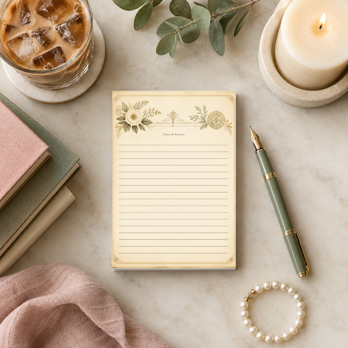 Notes and Notions vintage floral notepad with gold filigree border
