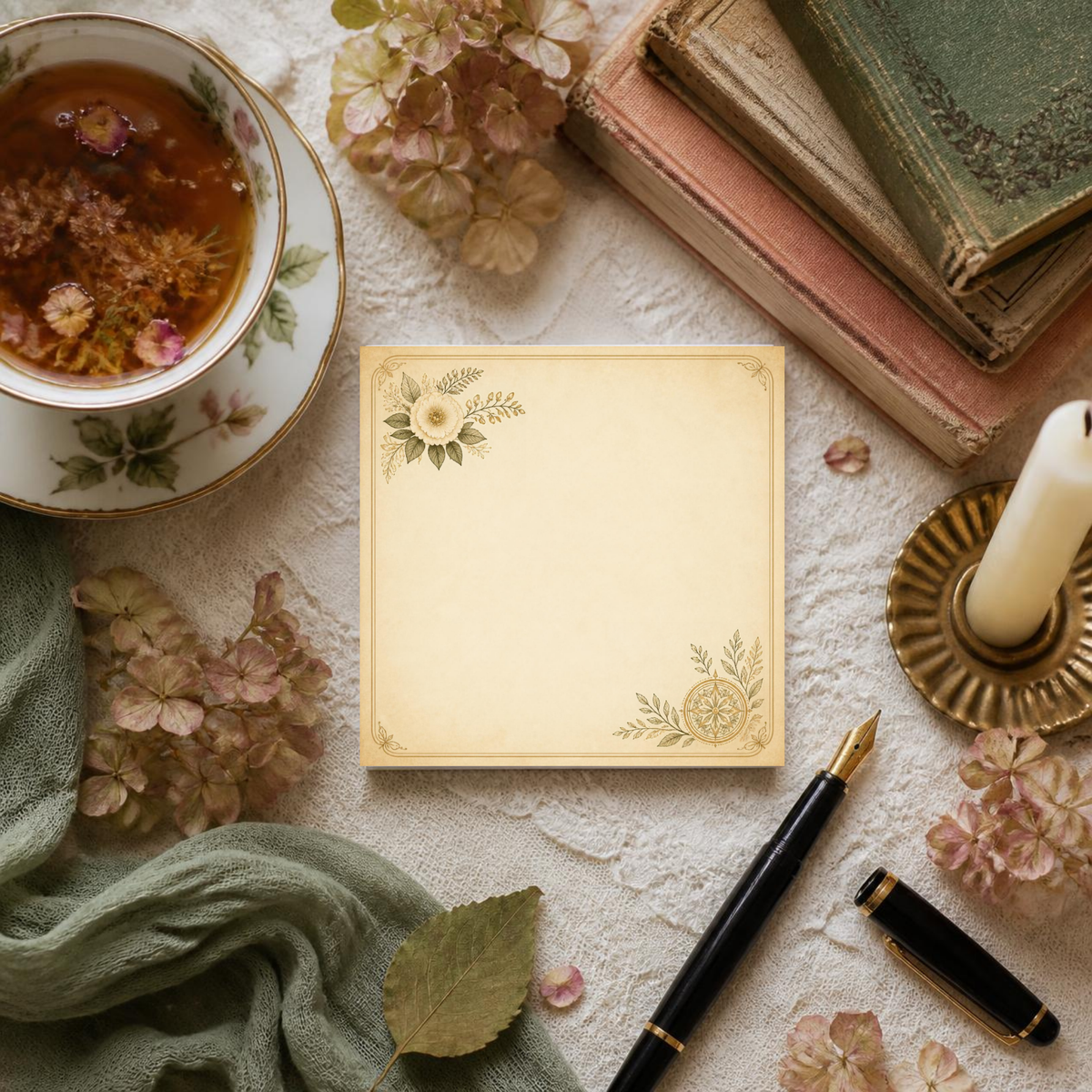 Vintage floral 3x3 sticky notes pad with gold filigree corners