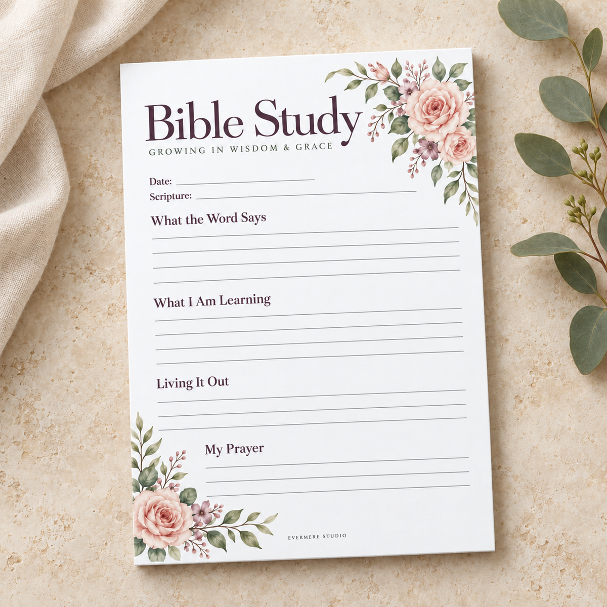 Evermere Studio floral Bible Study Notepad on white paper, featuring blush roses, sage foliage and lined study and prayer sections.