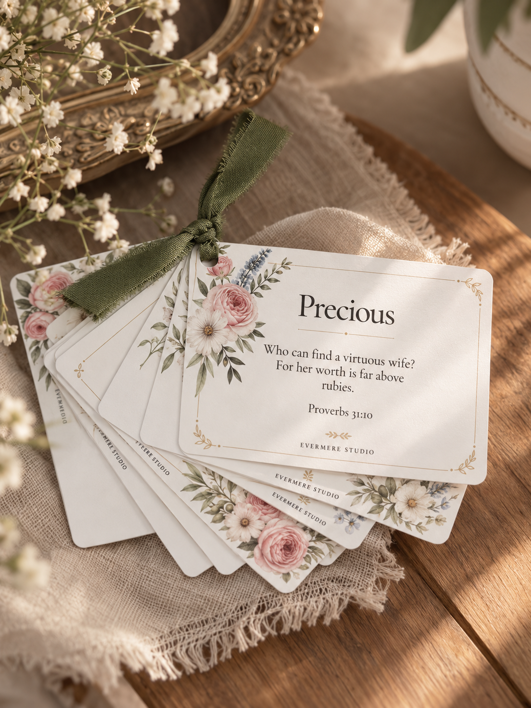 Precious floral scripture pocket cards with sage ribbon by Evermere Studio