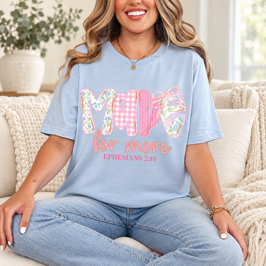 Light blue Made for More Ephesians 2:10 unisex T-shirt with pink gingham, floral lettering, and a printed bow.